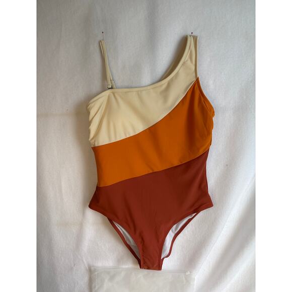 CUPSHE NWT One Piece One arm Sleeve Diagonal Stripe Swimsuit Size Large - Picture 1 of 9